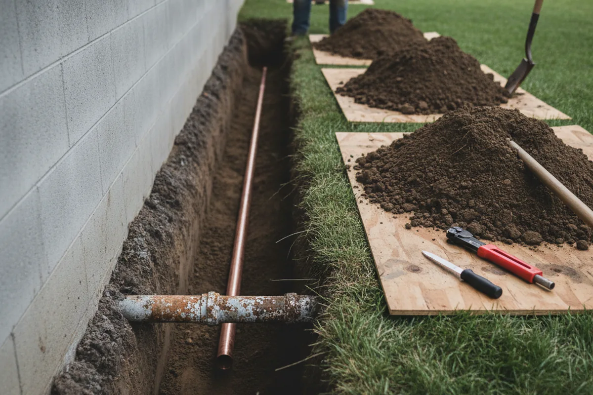 Excavated water line trench during Water Softener Installation in Romeoville